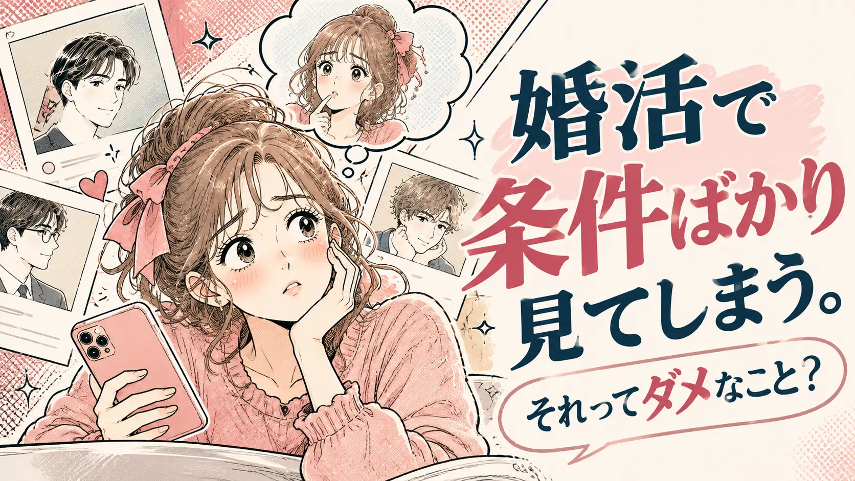 レトロな少女漫画風のイラスト。婚活中の女性がスマートフォンで男性のプロフィールを見ながら、相手に求める条件について考えている。右側には「婚活で条件ばかり見てしまう。それってダメなこと？」というタイトルが描かれている。