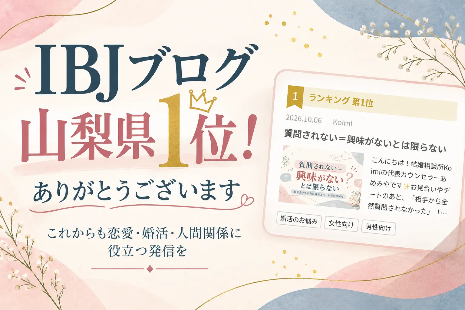 IBJブログの山梨県アクセスランキング1位を報告するKoimiのブログサムネイル。「IBJブログ 山梨県1位！ありがとうございます」の文字と、恋愛・婚活・人間関係に役立つ情報を発信していく意気込みを掲載。